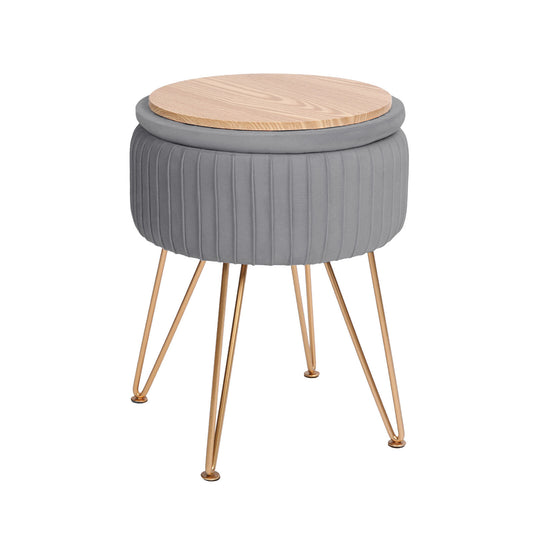 Side Table Storage Ottoman – Velvet Padded Stool, Grey