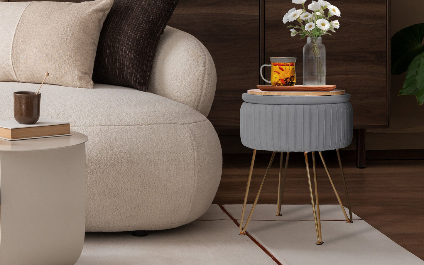 Side Table Storage Ottoman – Velvet Padded Stool, Grey