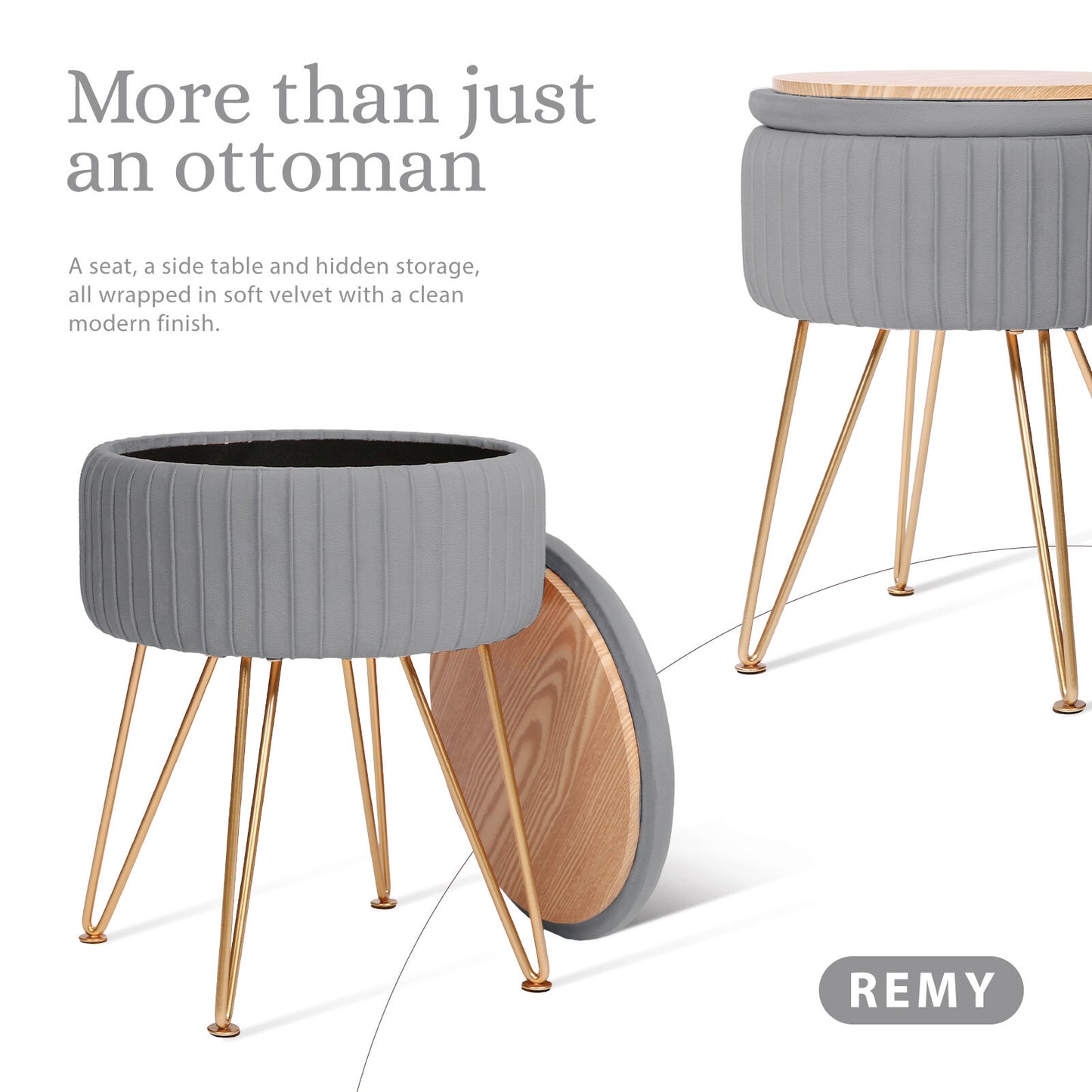 Side Table Storage Ottoman – Velvet Padded Stool, Grey