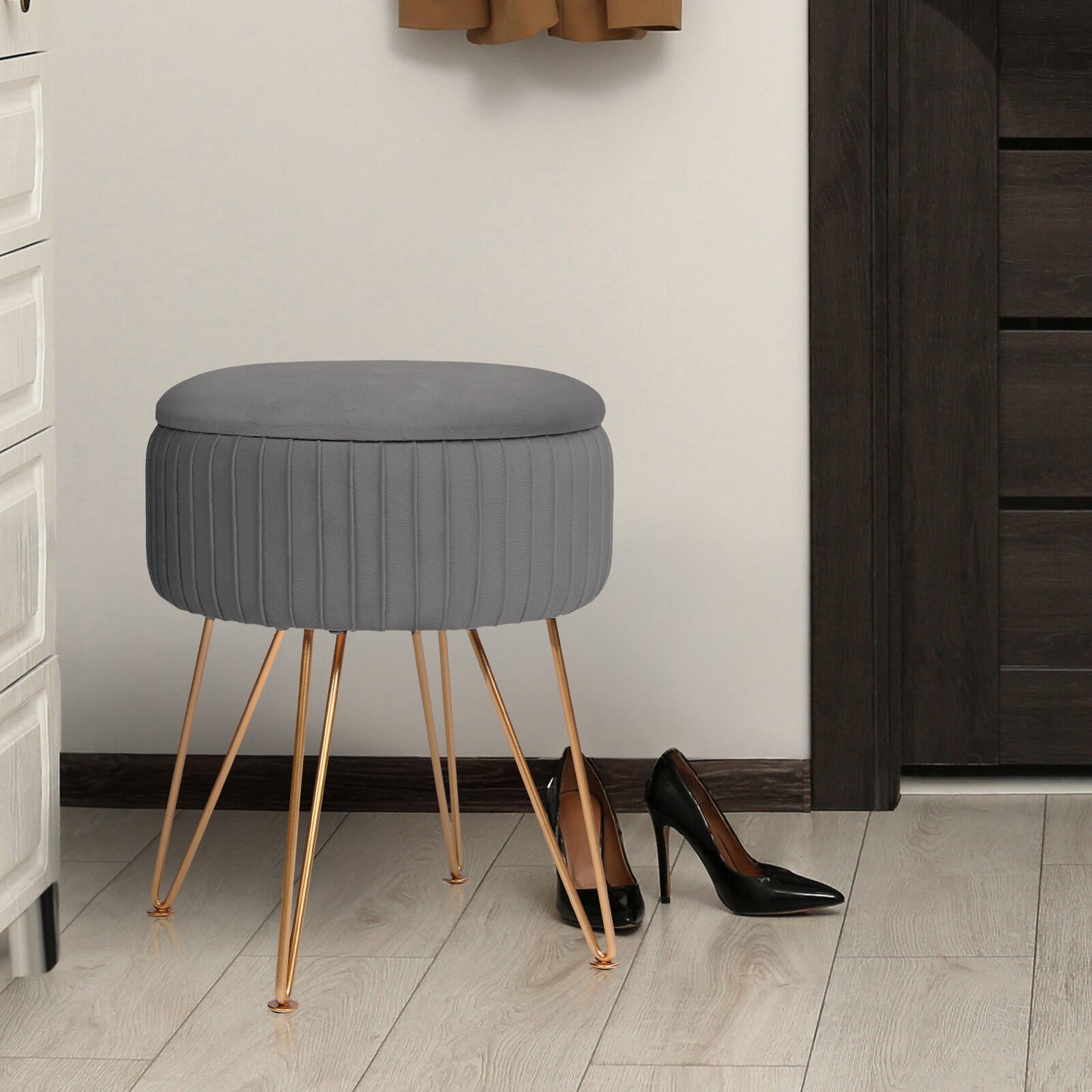 Side Table Storage Ottoman – Velvet Padded Stool, Grey