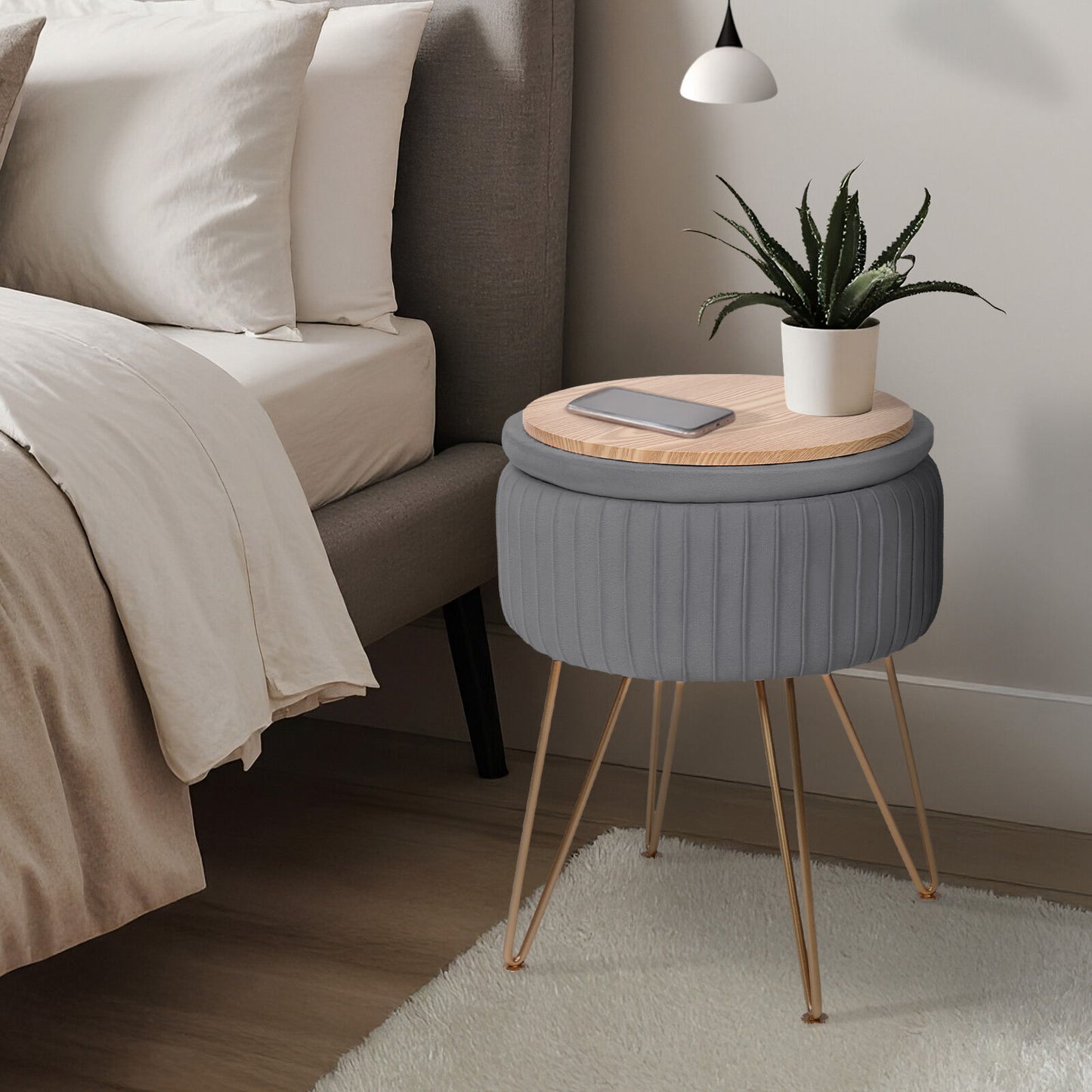 Side Table Storage Ottoman – Velvet Padded Stool, Grey