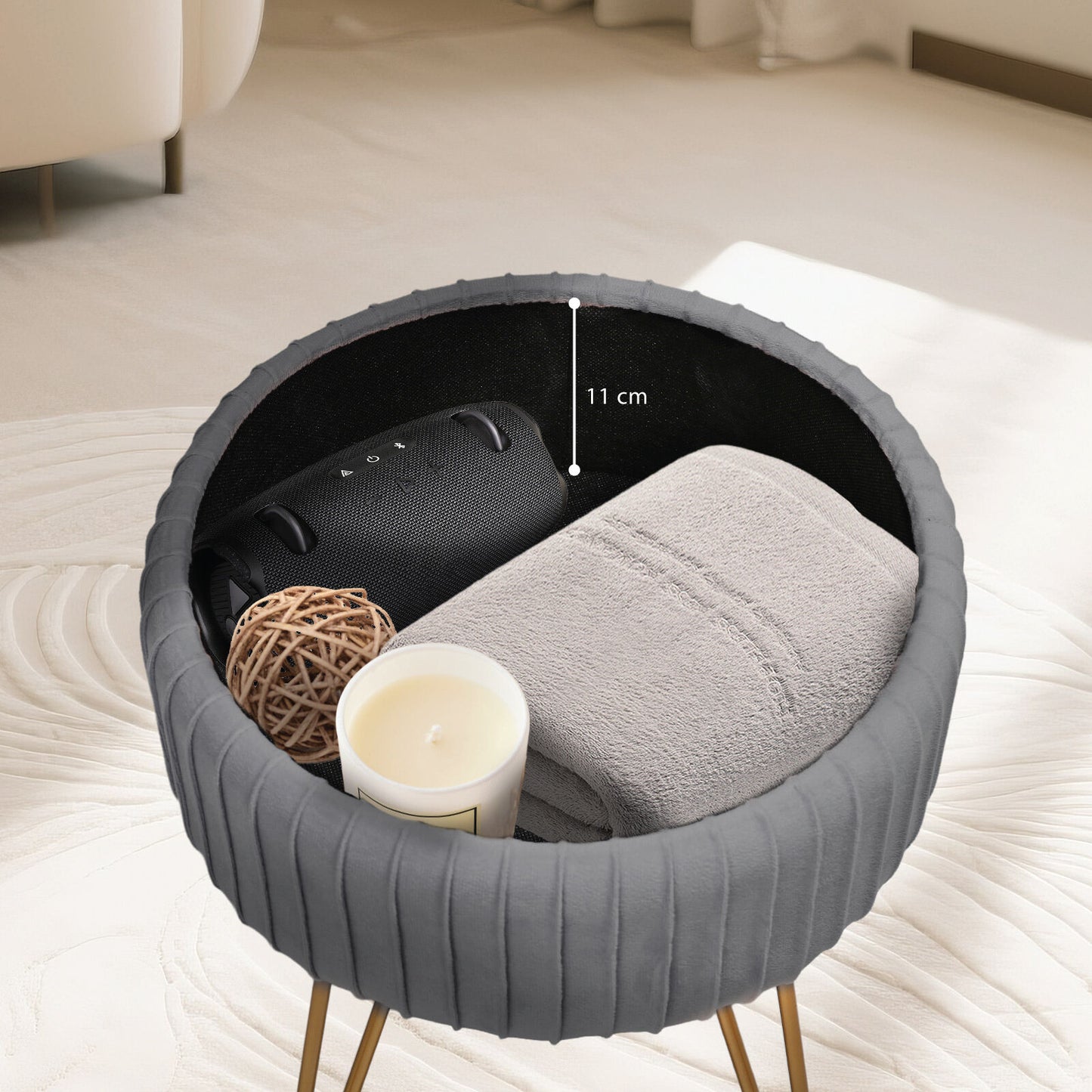 Side Table Storage Ottoman – Velvet Padded Stool, Grey