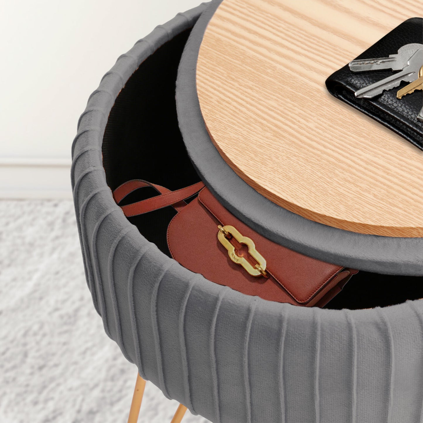 Side Table Storage Ottoman – Velvet Padded Stool, Grey