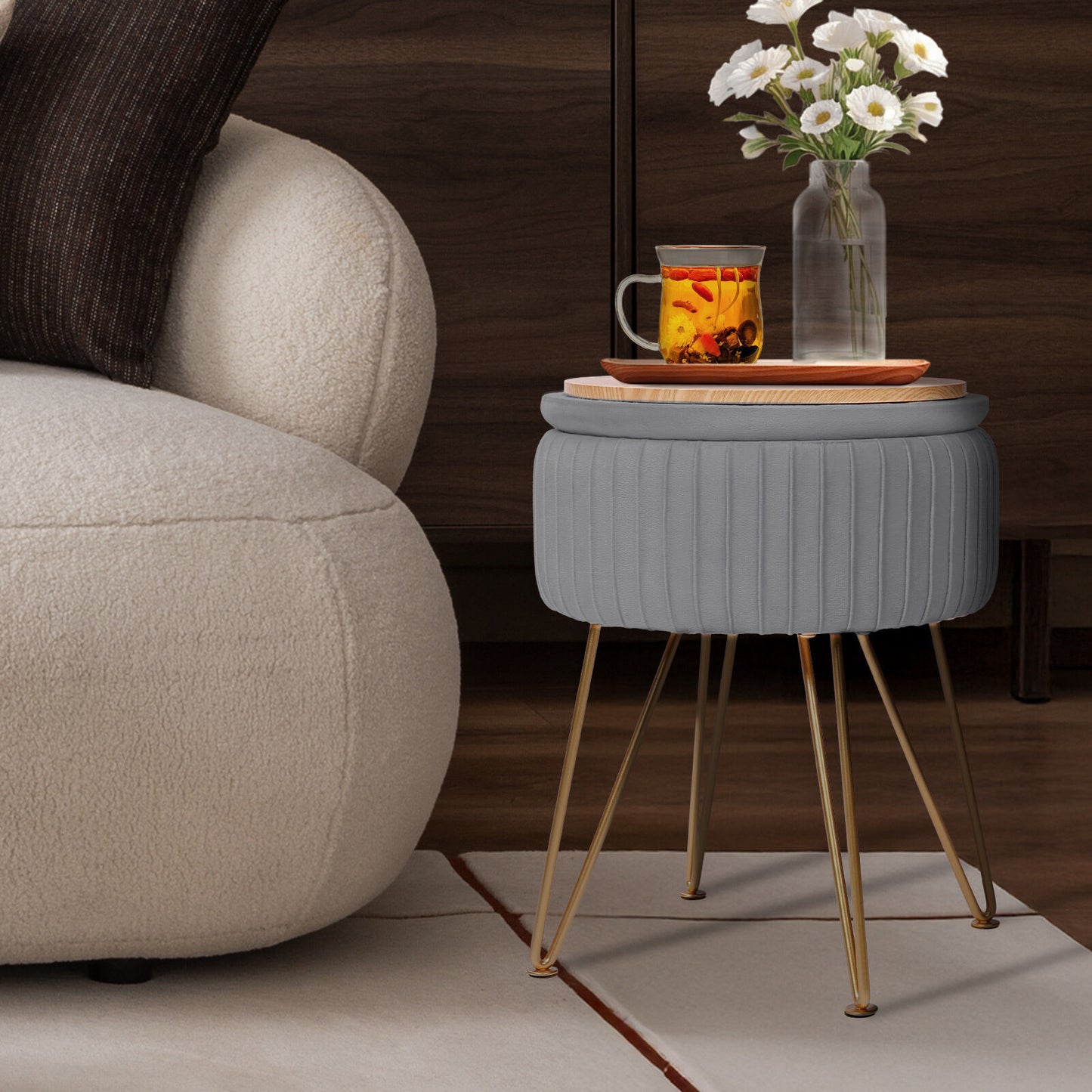Side Table Storage Ottoman – Velvet Padded Stool, Grey