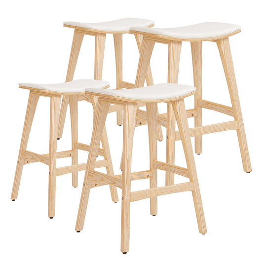 A set of four beige padded fabric bar stools with wooden frames, perfect for stylish dining and modern Australian living.