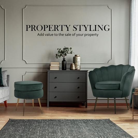 Green velvet scallop armchair with gold legs and matching ottoman, stylish bedroom furniture by The Willow Stone Collective.