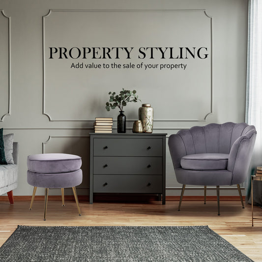 Grey velvet scallop armchair with gold legs and matching ottoman, modern bedroom furniture from The Willow Stone Collective