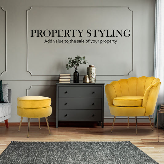 Yellow velvet scallop armchair with gold legs and matching round ottoman, stylish bedroom furniture by The Willow Stone Collective.