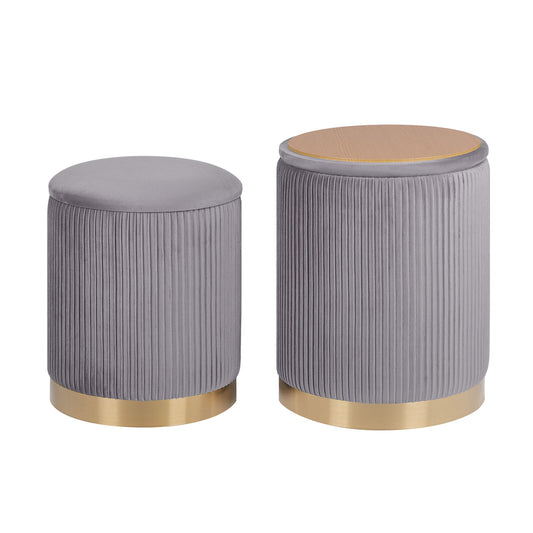 Side Table Storage Ottoman Set – Velvet, Grey, Two Sizes