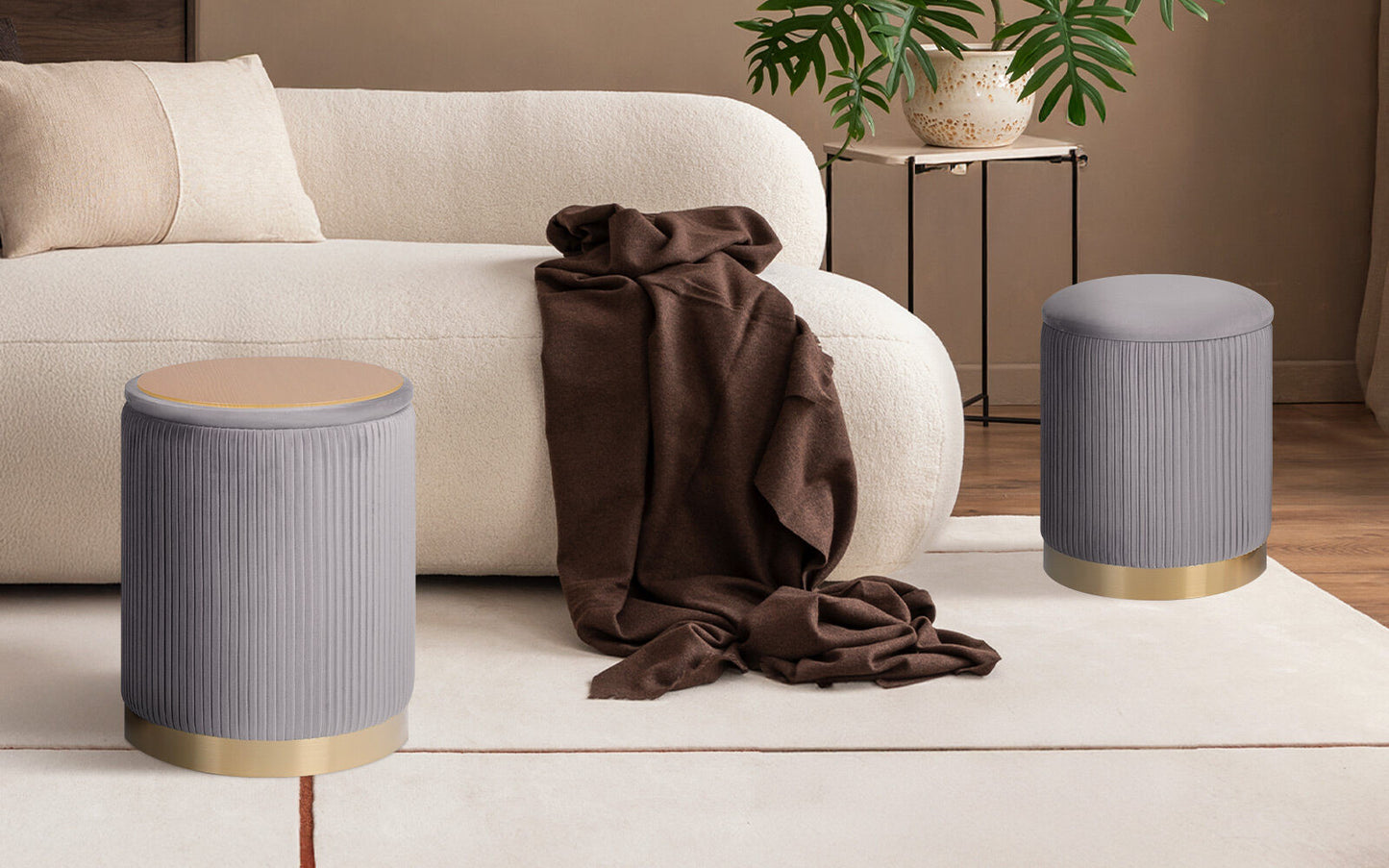 Side Table Storage Ottoman Set – Velvet, Grey, Two Sizes