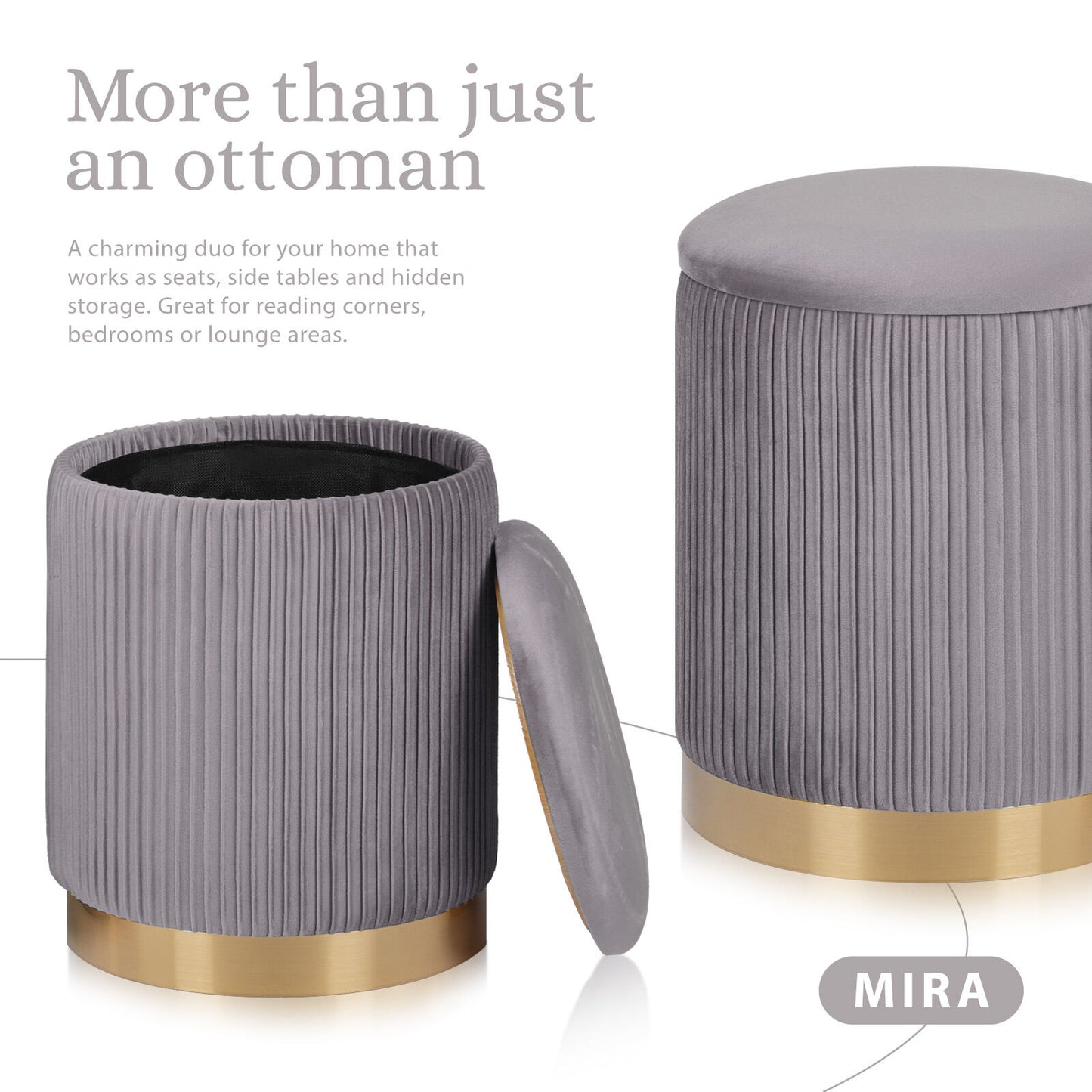 Side Table Storage Ottoman Set – Velvet, Grey, Two Sizes