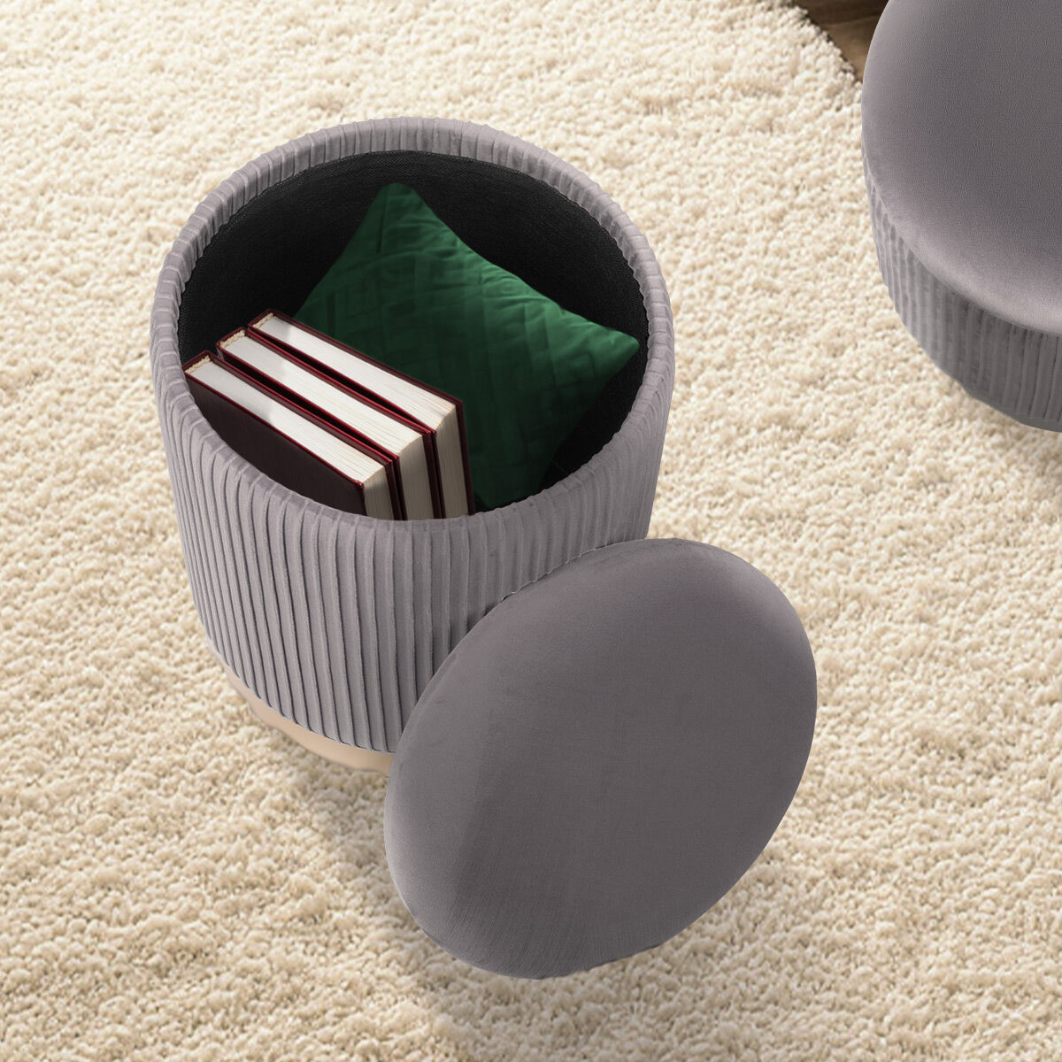 Side Table Storage Ottoman Set – Velvet, Grey, Two Sizes