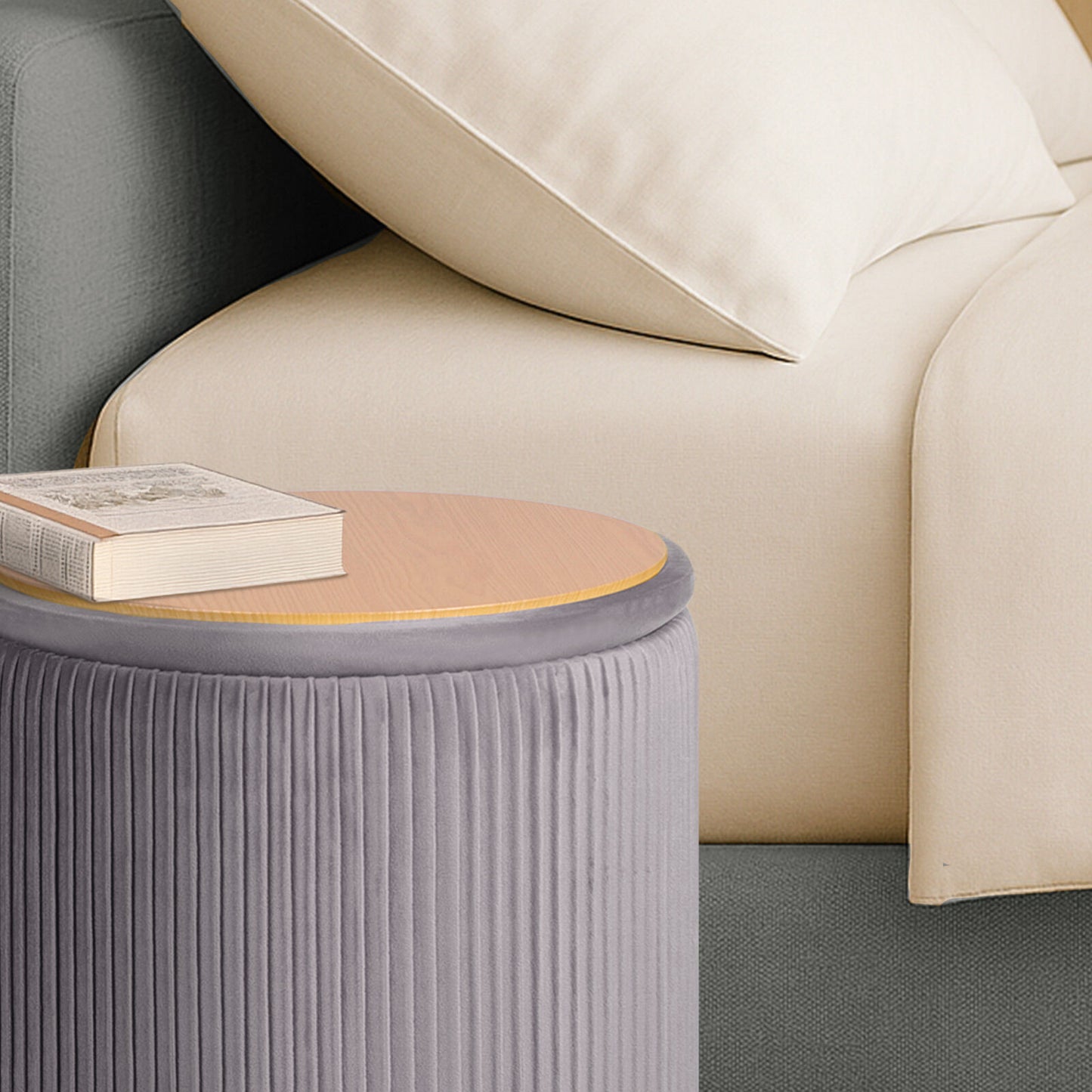 Side Table Storage Ottoman Set – Velvet, Grey, Two Sizes