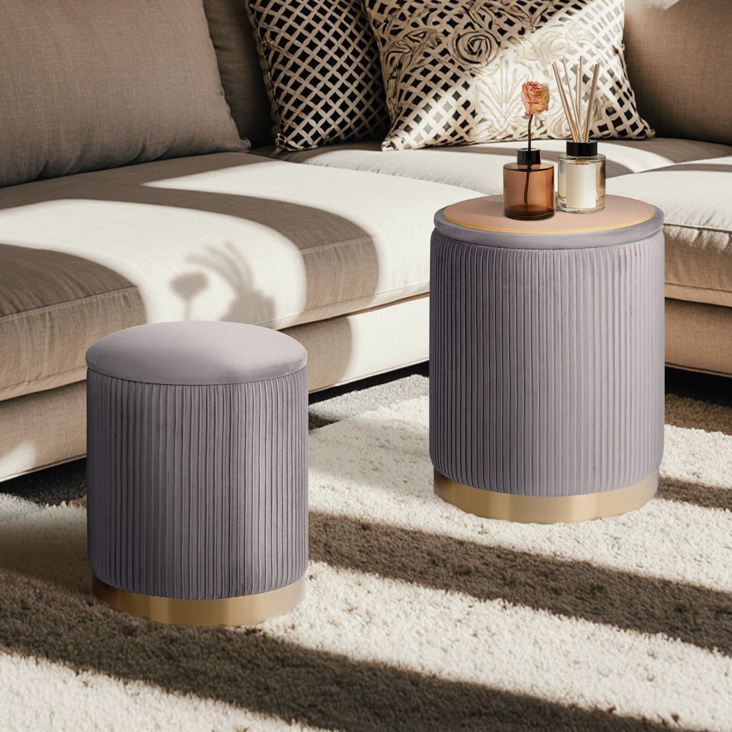 Side Table Storage Ottoman Set – Velvet, Grey, Two Sizes