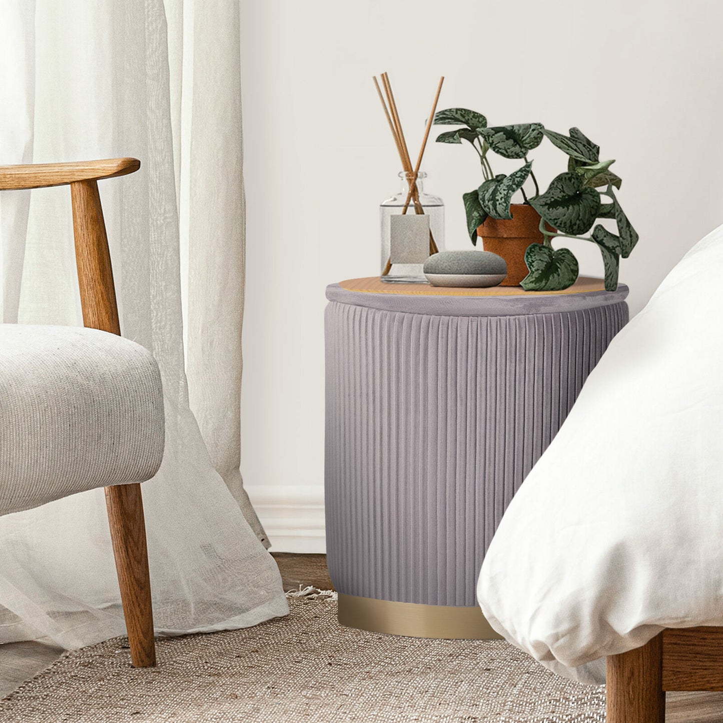 Side Table Storage Ottoman Set – Velvet, Grey, Two Sizes