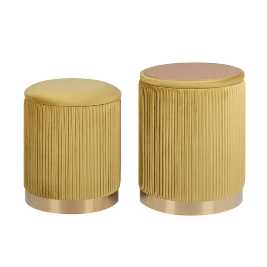 Side Table Storage Ottoman Set – Velvet, Mustard, Two Sizes