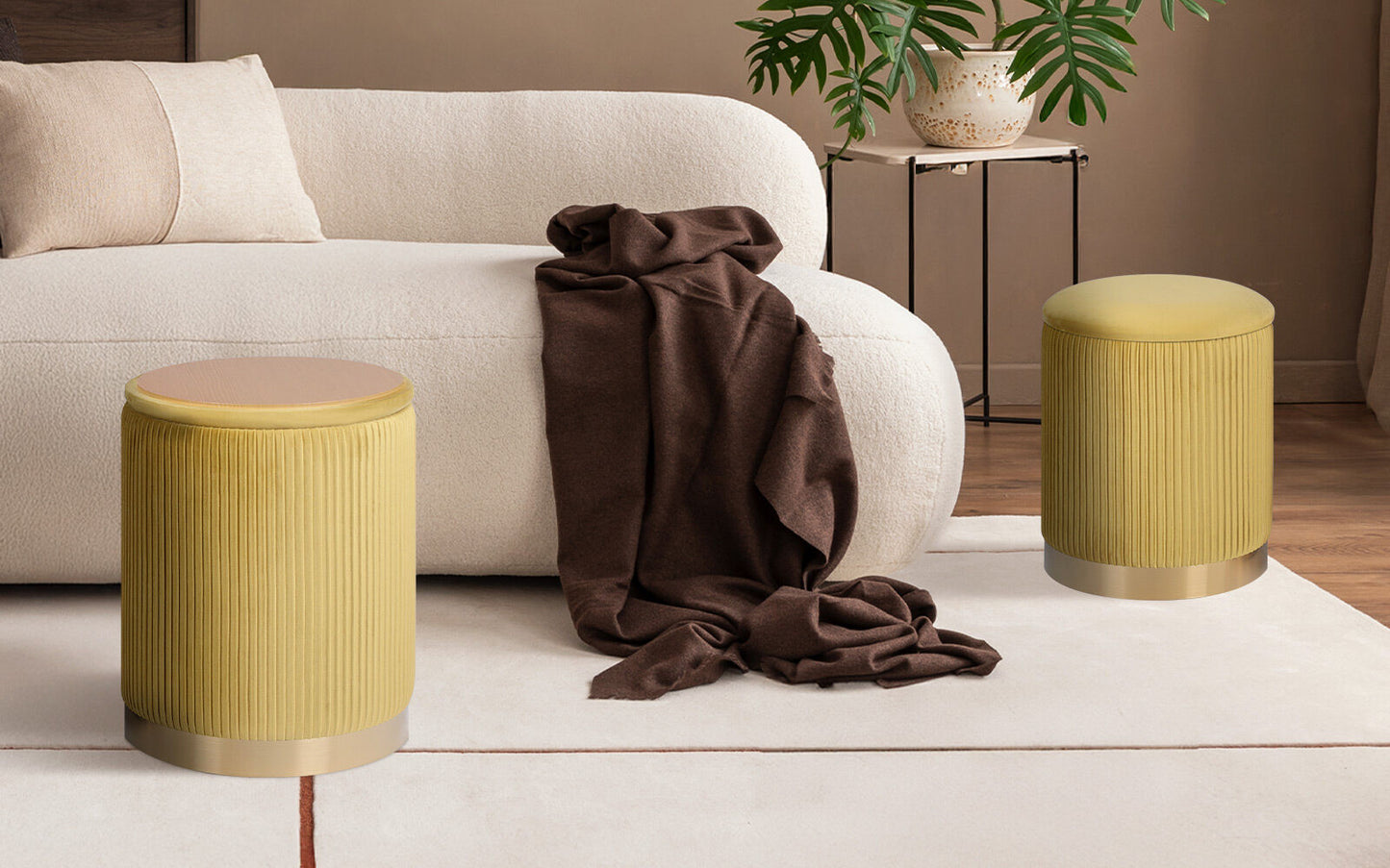 Side Table Storage Ottoman Set – Velvet, Mustard, Two Sizes