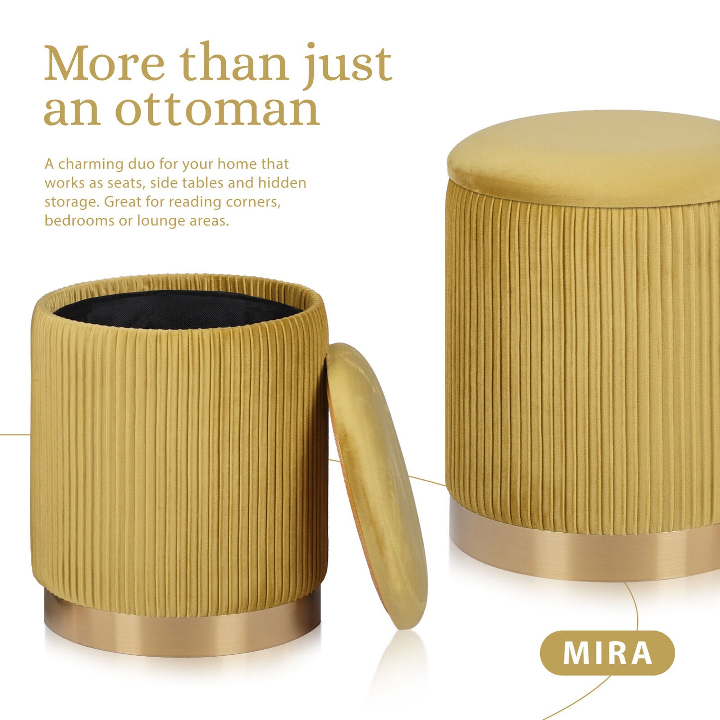 Side Table Storage Ottoman Set – Velvet, Mustard, Two Sizes