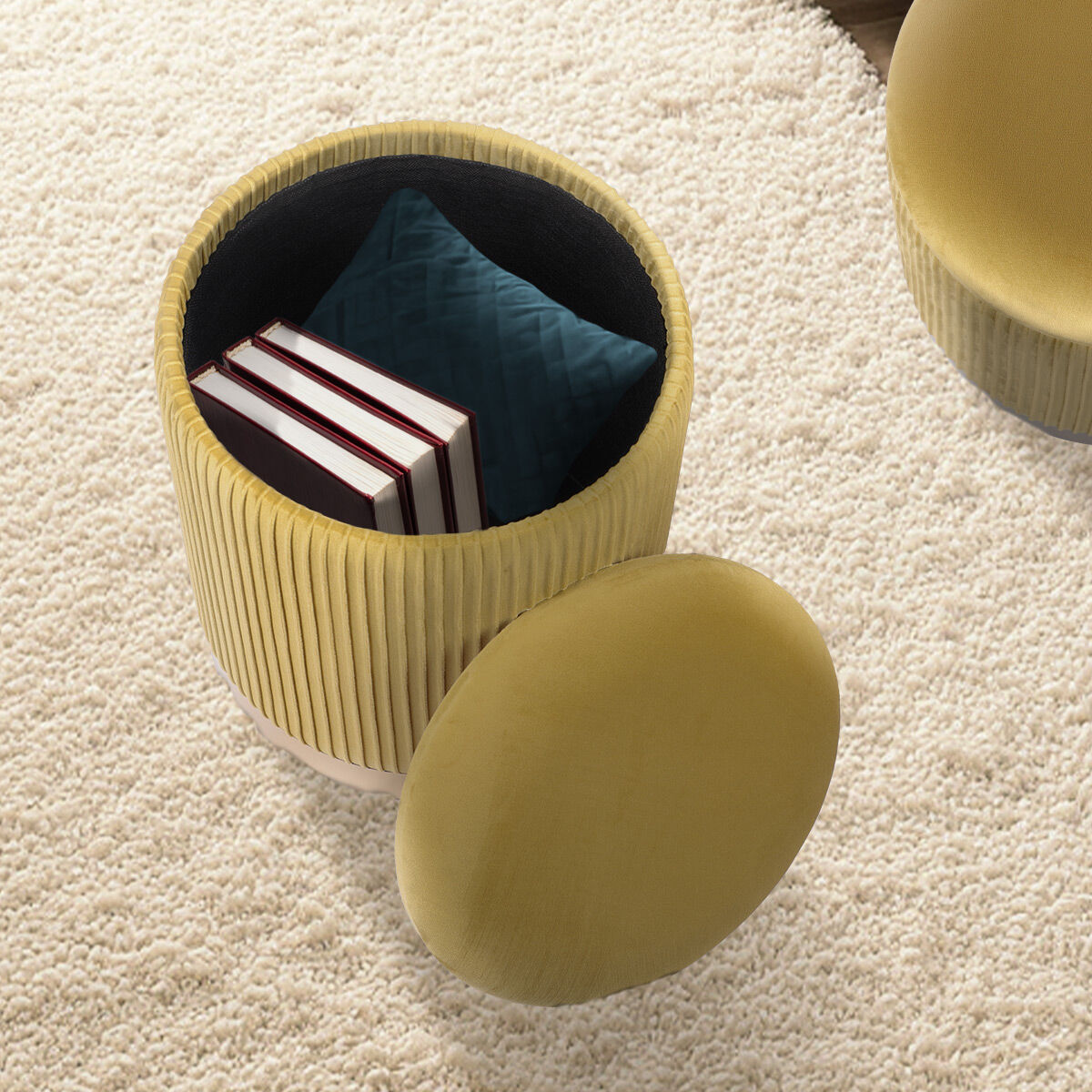 Side Table Storage Ottoman Set – Velvet, Mustard, Two Sizes