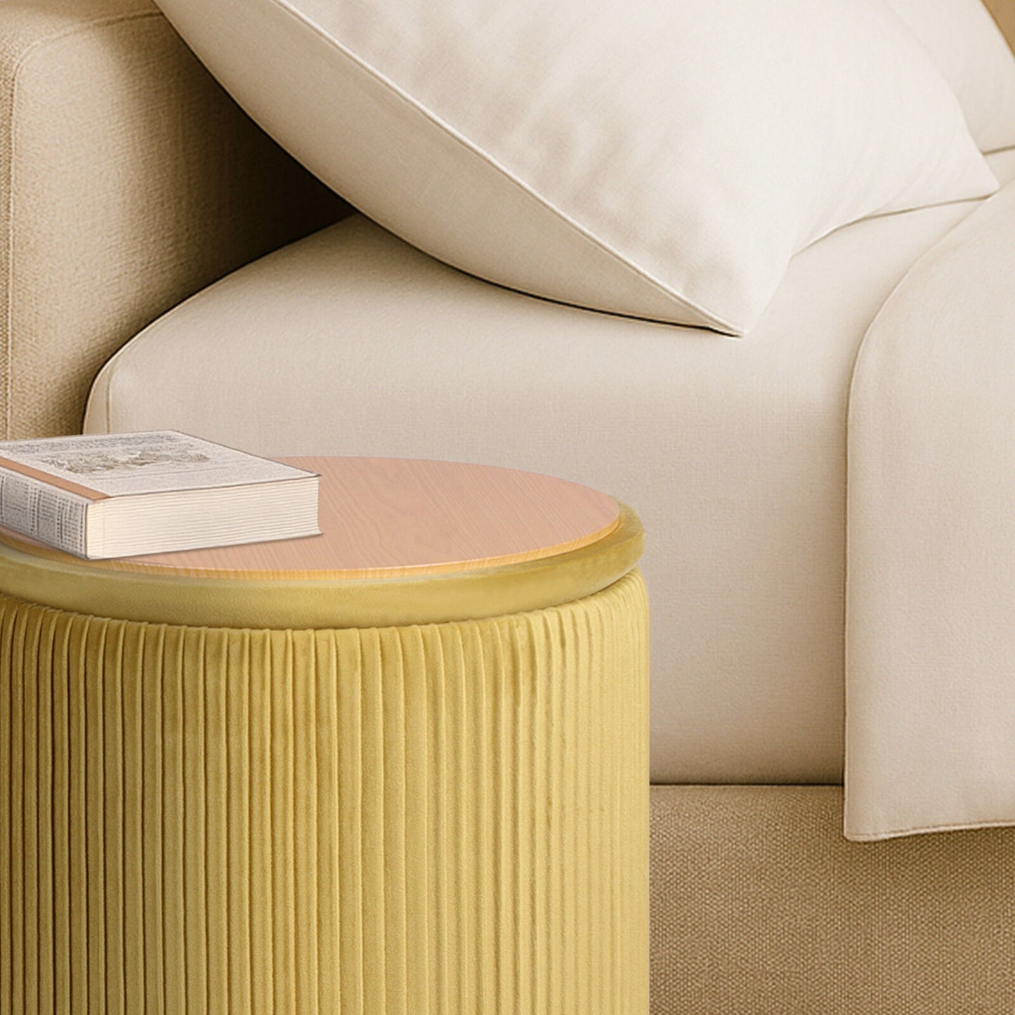 Side Table Storage Ottoman Set – Velvet, Mustard, Two Sizes