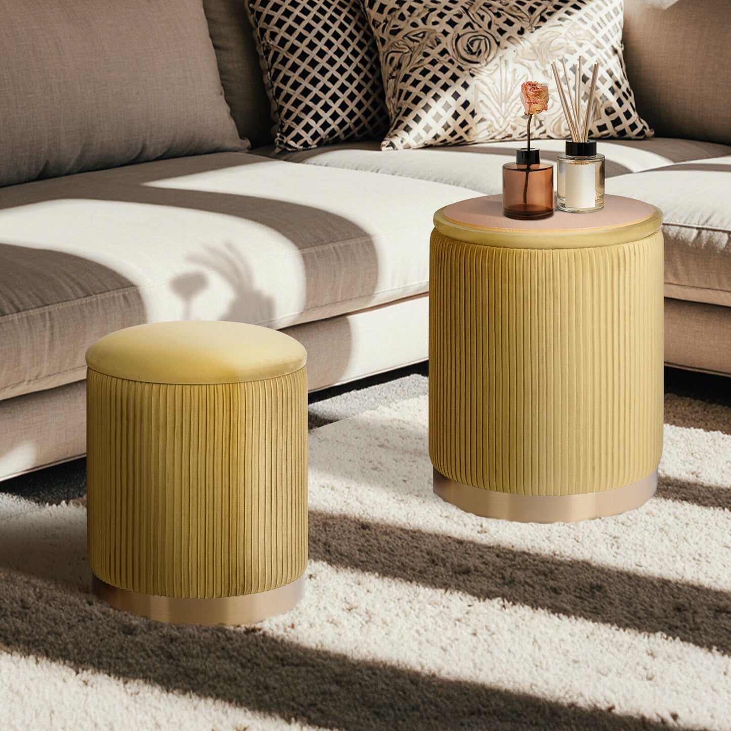 Side Table Storage Ottoman Set – Velvet, Mustard, Two Sizes