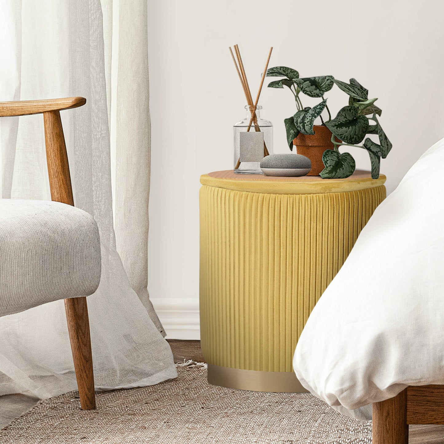 Side Table Storage Ottoman Set – Velvet, Mustard, Two Sizes