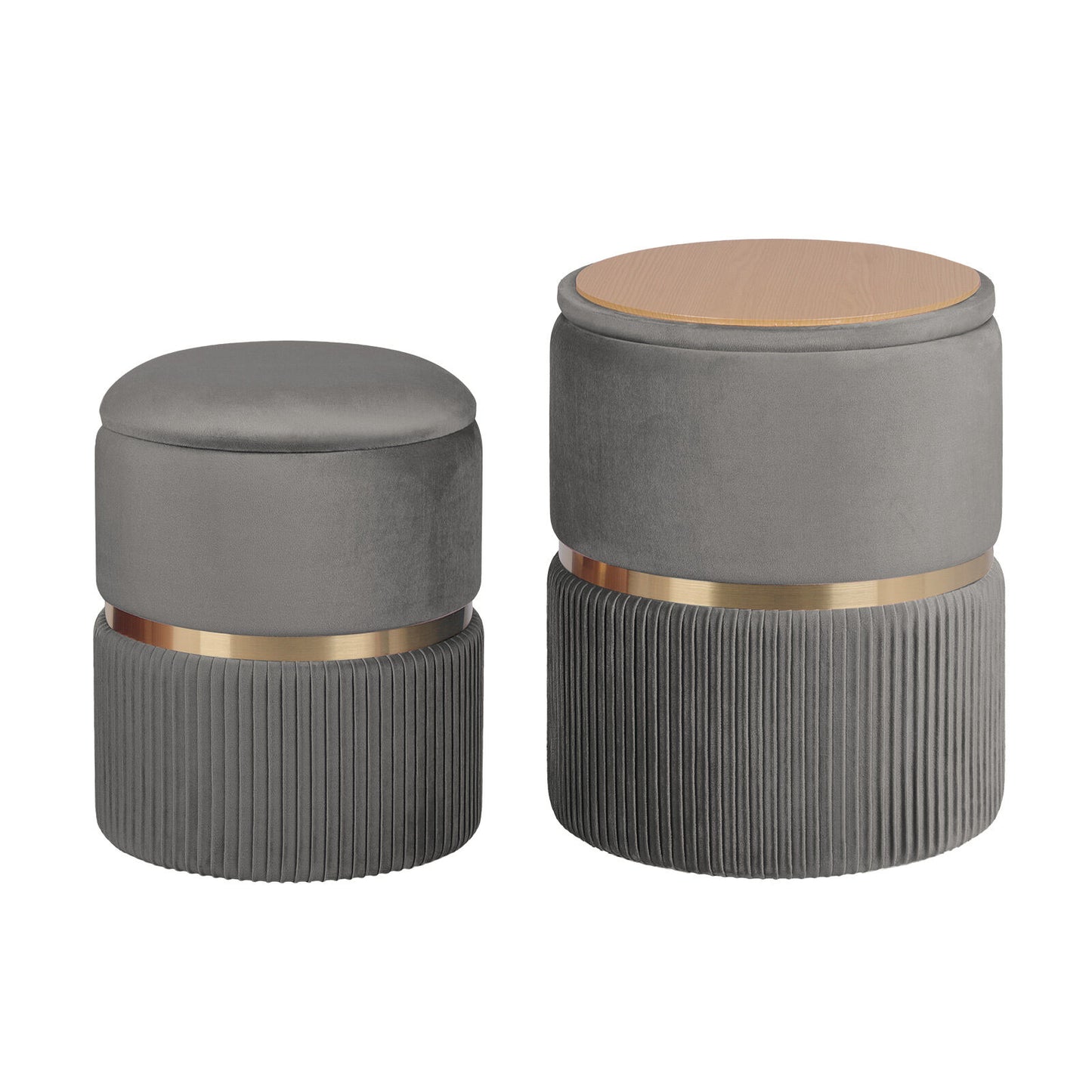 Side Table Storage Ottoman Set – Velvet Padded, Grey