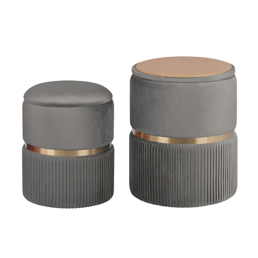 Side Table Storage Ottoman Set – Velvet Padded, Grey
