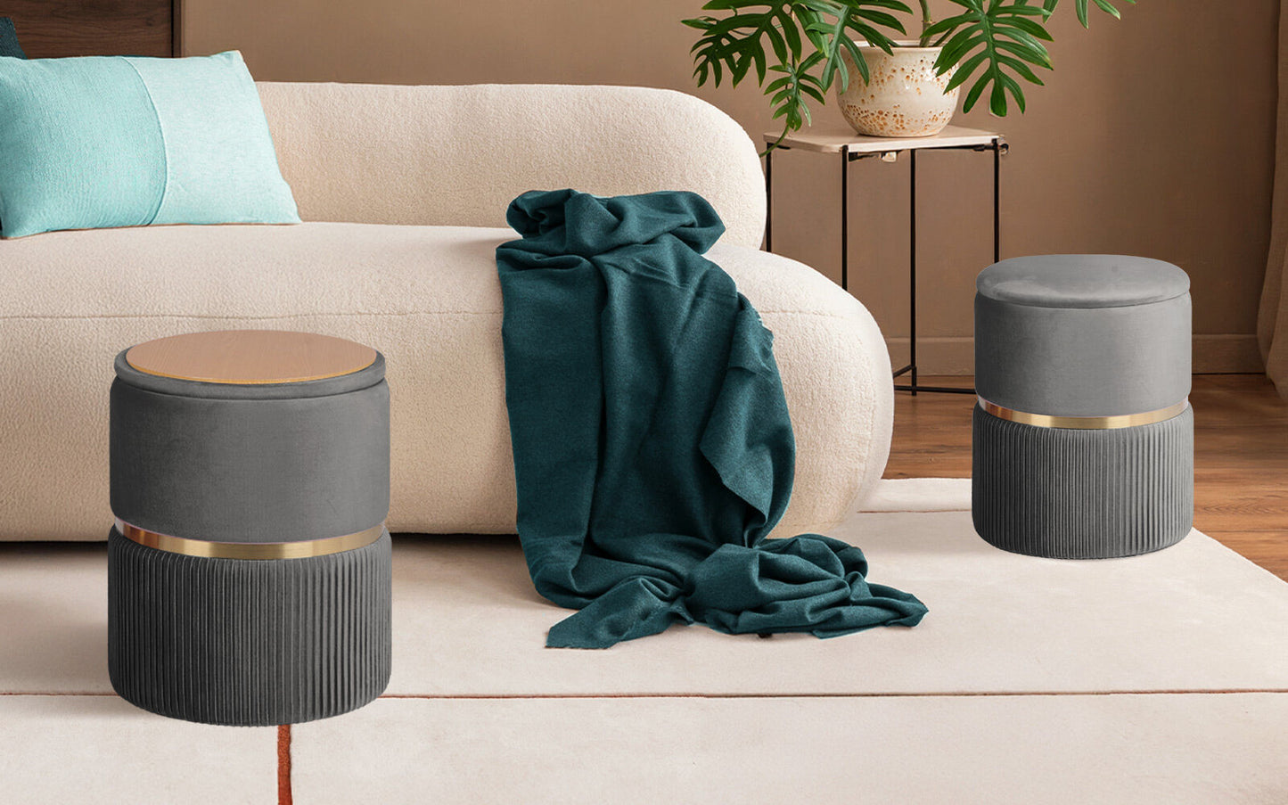 Side Table Storage Ottoman Set – Velvet Padded, Grey