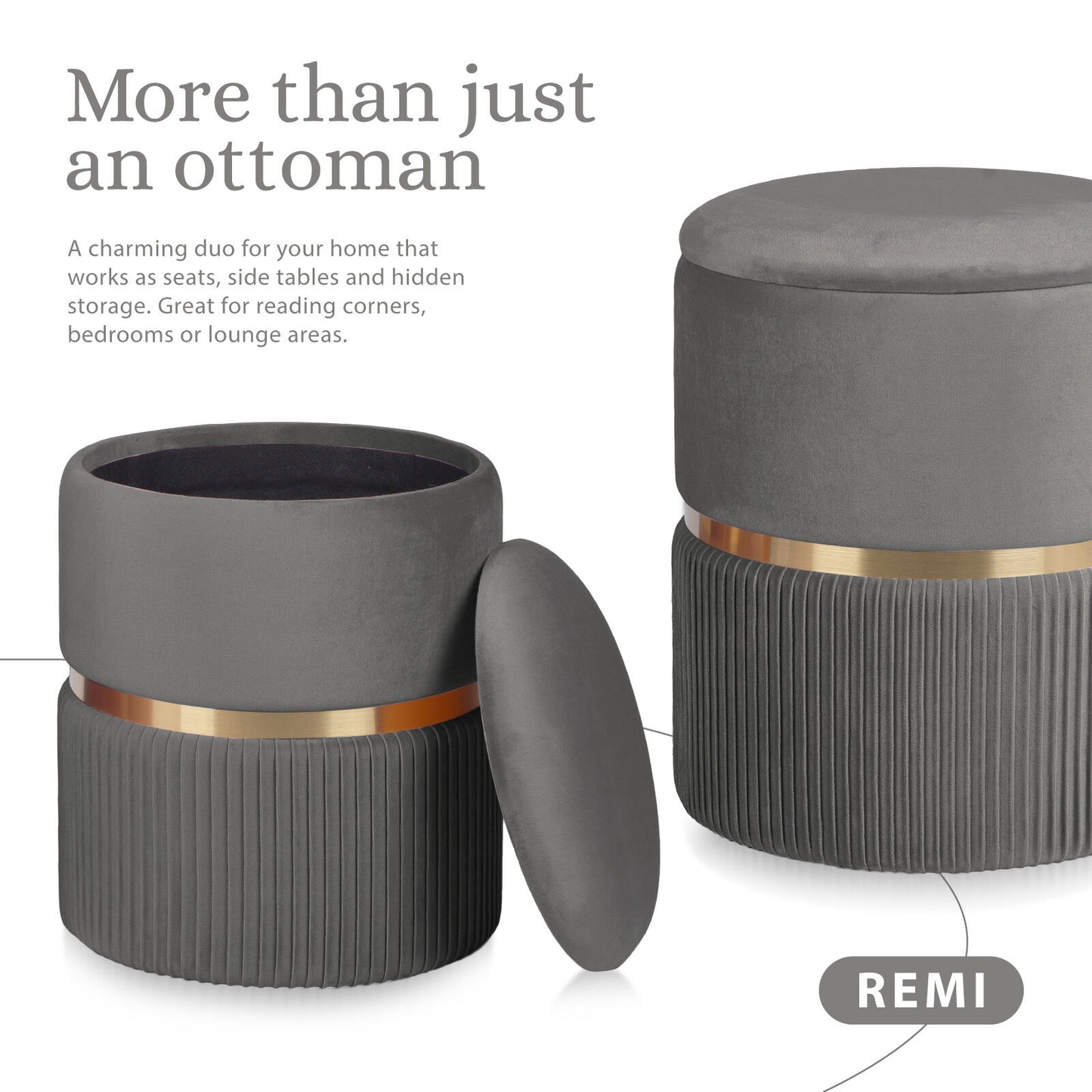 Side Table Storage Ottoman Set – Velvet Padded, Grey