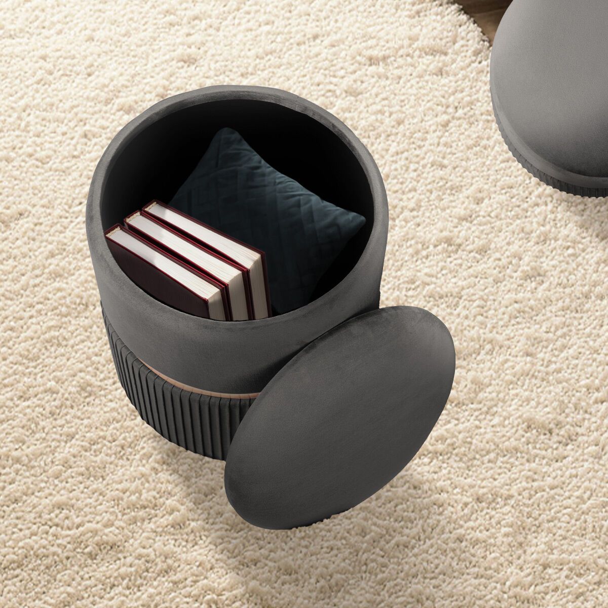 Side Table Storage Ottoman Set – Velvet Padded, Grey