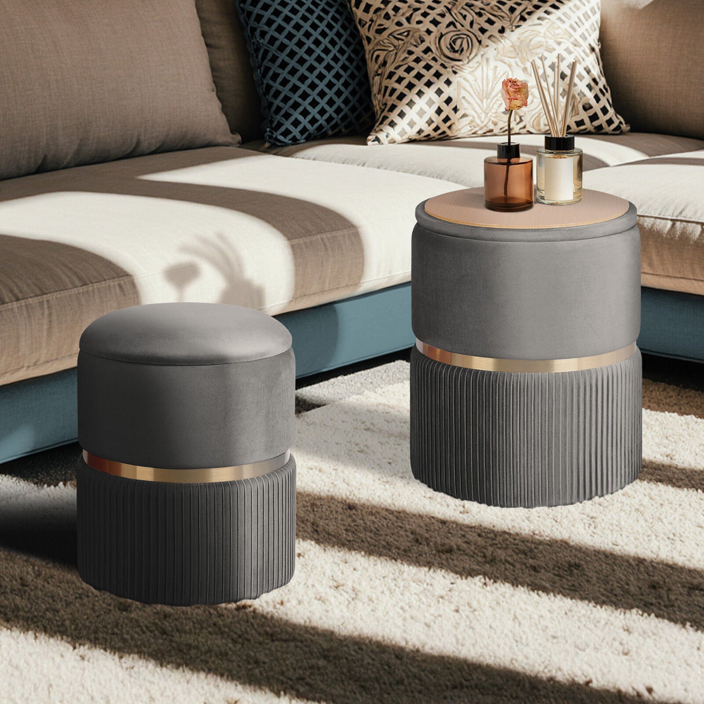 Side Table Storage Ottoman Set – Velvet Padded, Grey