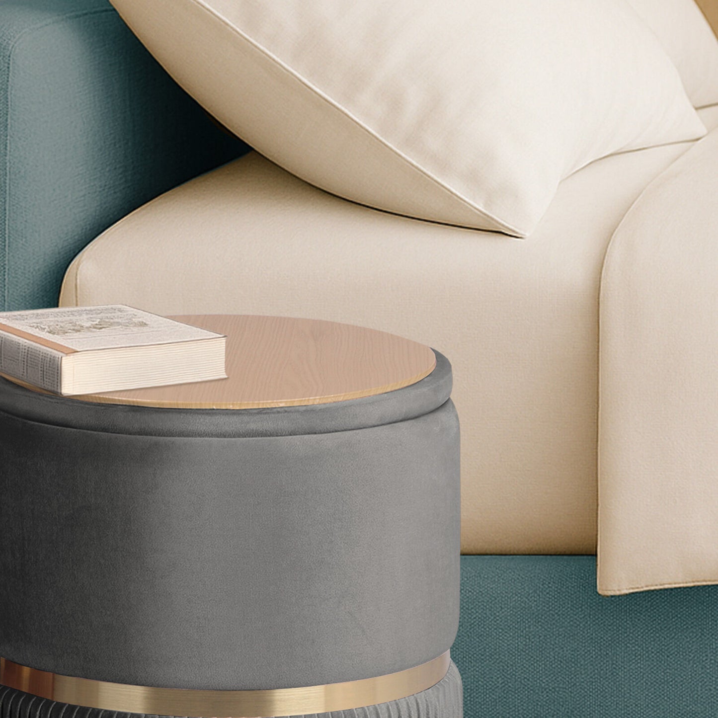 Side Table Storage Ottoman Set – Velvet Padded, Grey