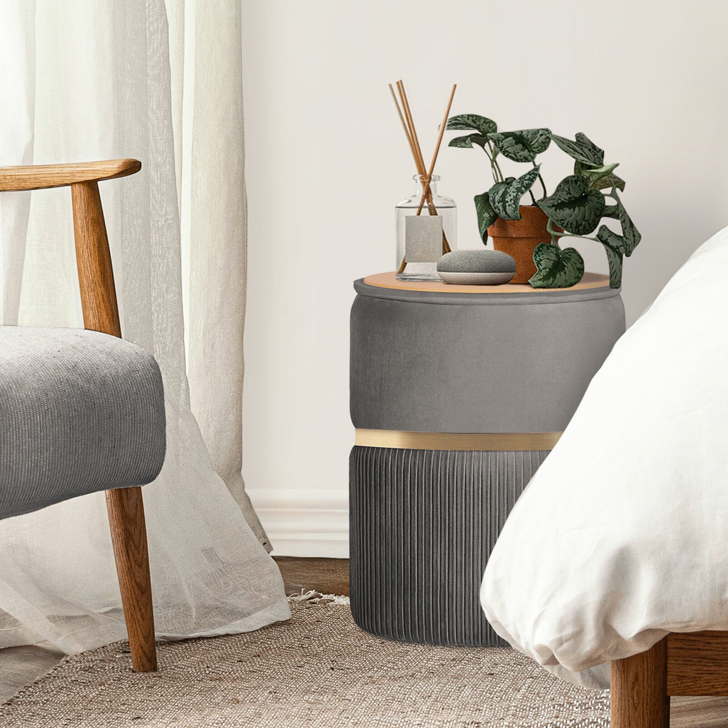 Side Table Storage Ottoman Set – Velvet Padded, Grey