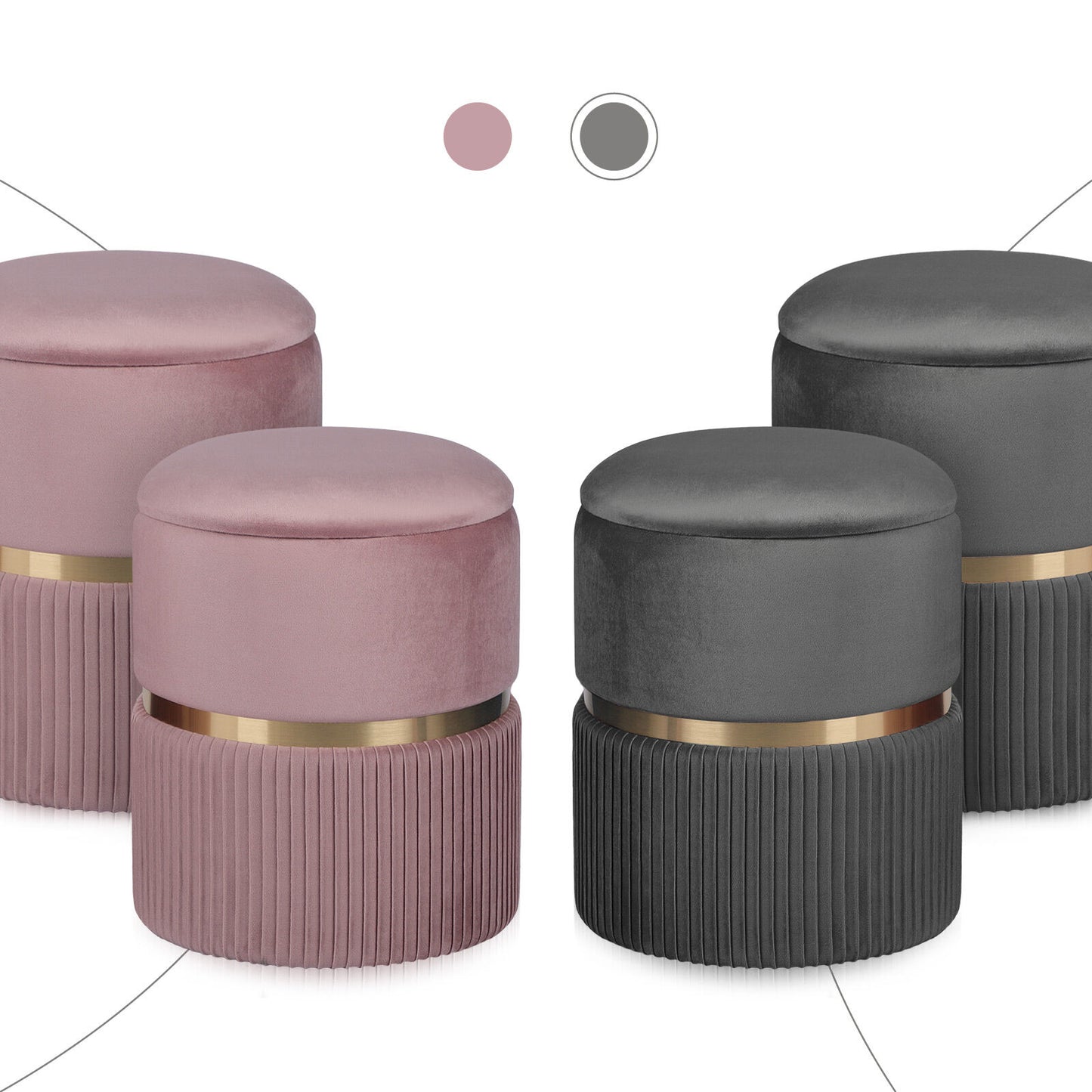 Side Table Storage Ottoman Set – Velvet Padded, Grey
