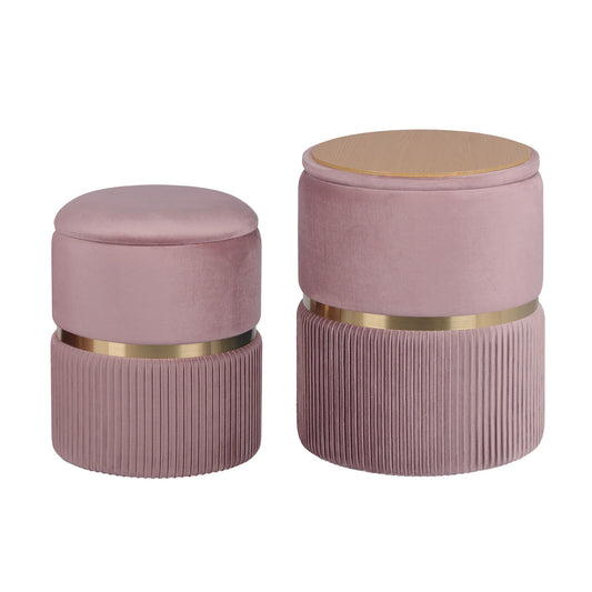 Side Table Storage Ottoman Set – Velvet Padded Footstools, Pink
