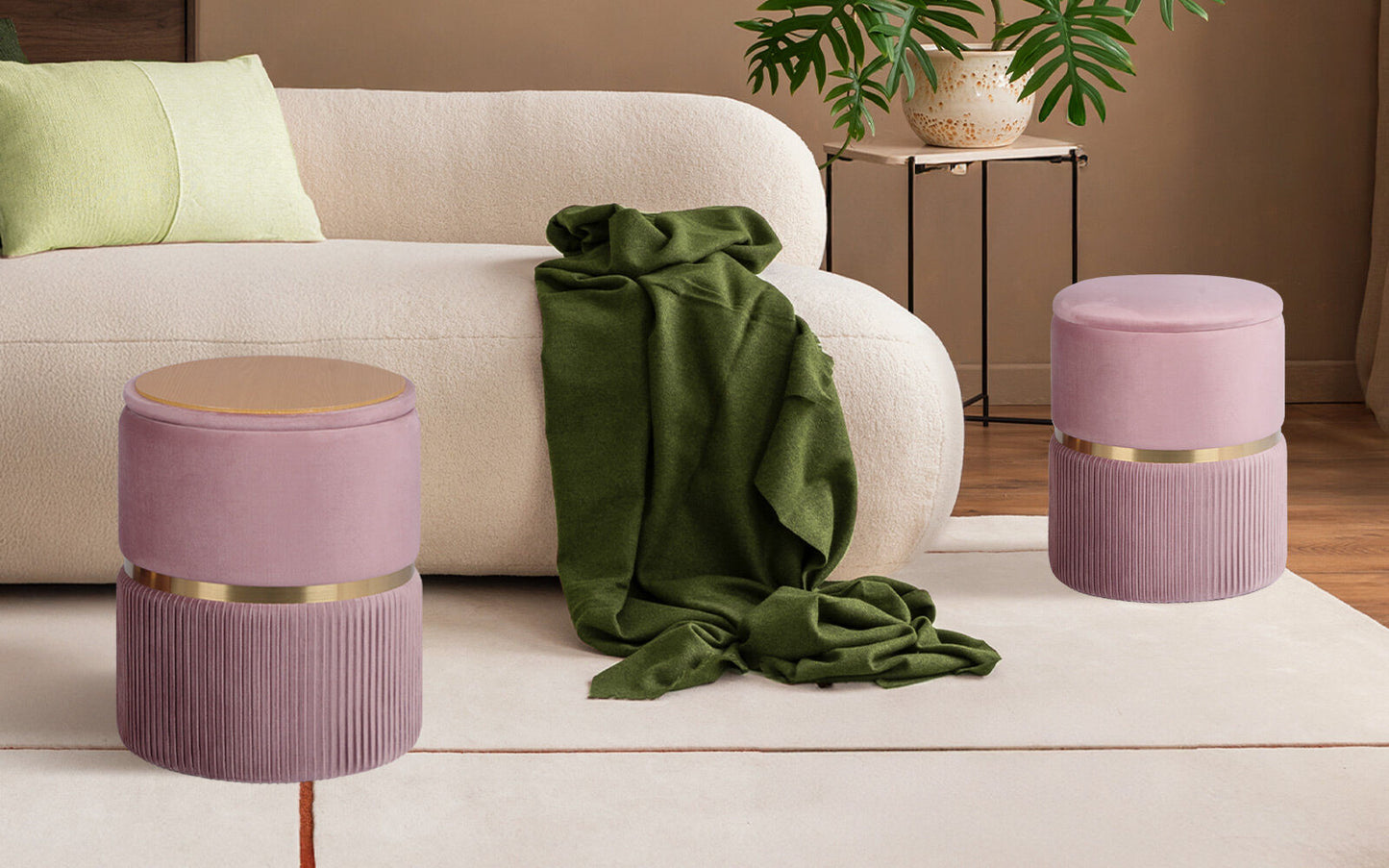 Side Table Storage Ottoman Set – Velvet Padded Footstools, Pink
