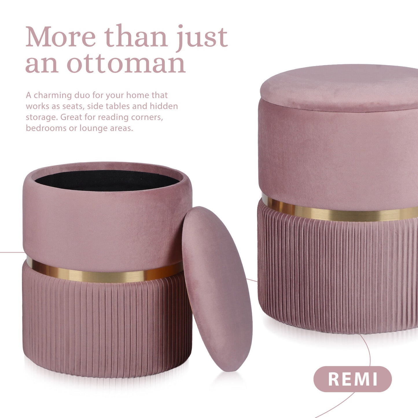 Side Table Storage Ottoman Set – Velvet Padded Footstools, Pink