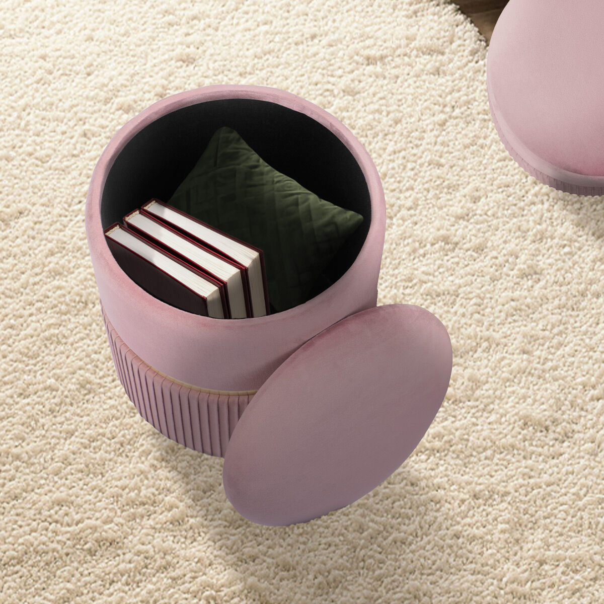Side Table Storage Ottoman Set – Velvet Padded Footstools, Pink