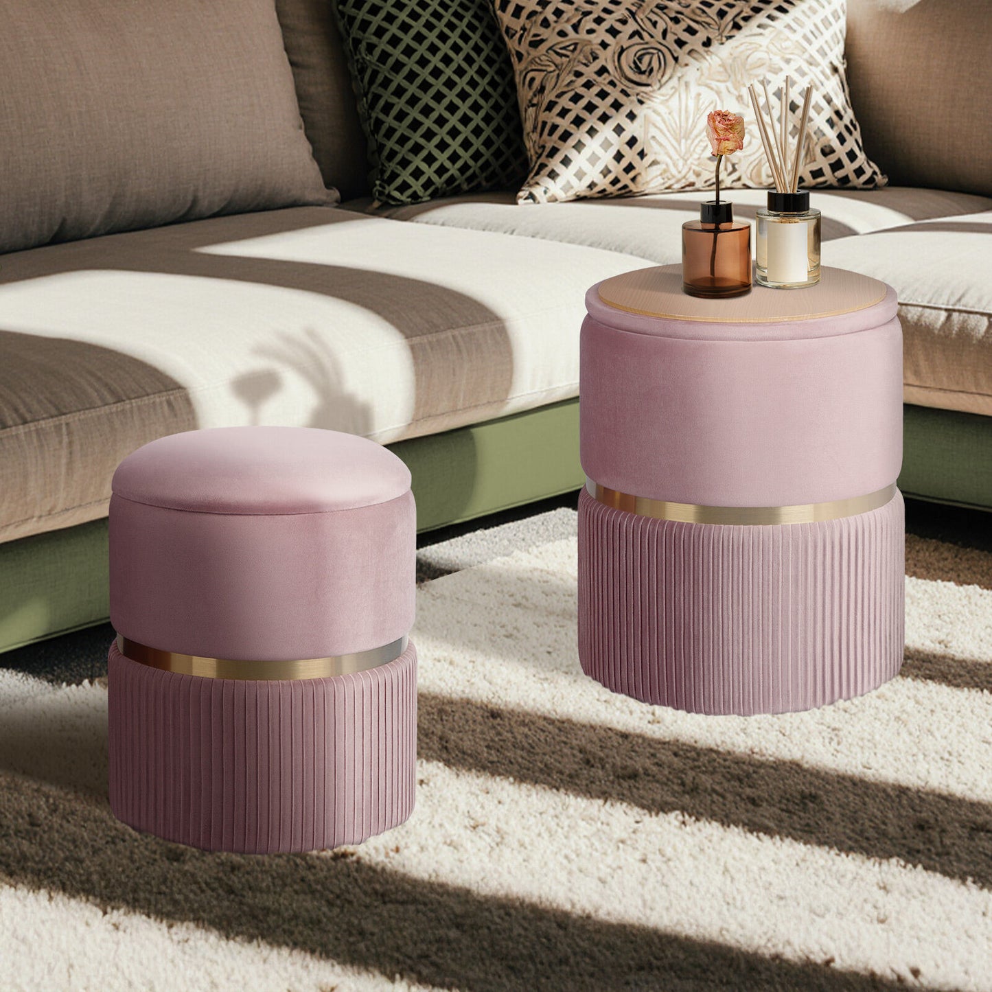 Side Table Storage Ottoman Set – Velvet Padded Footstools, Pink