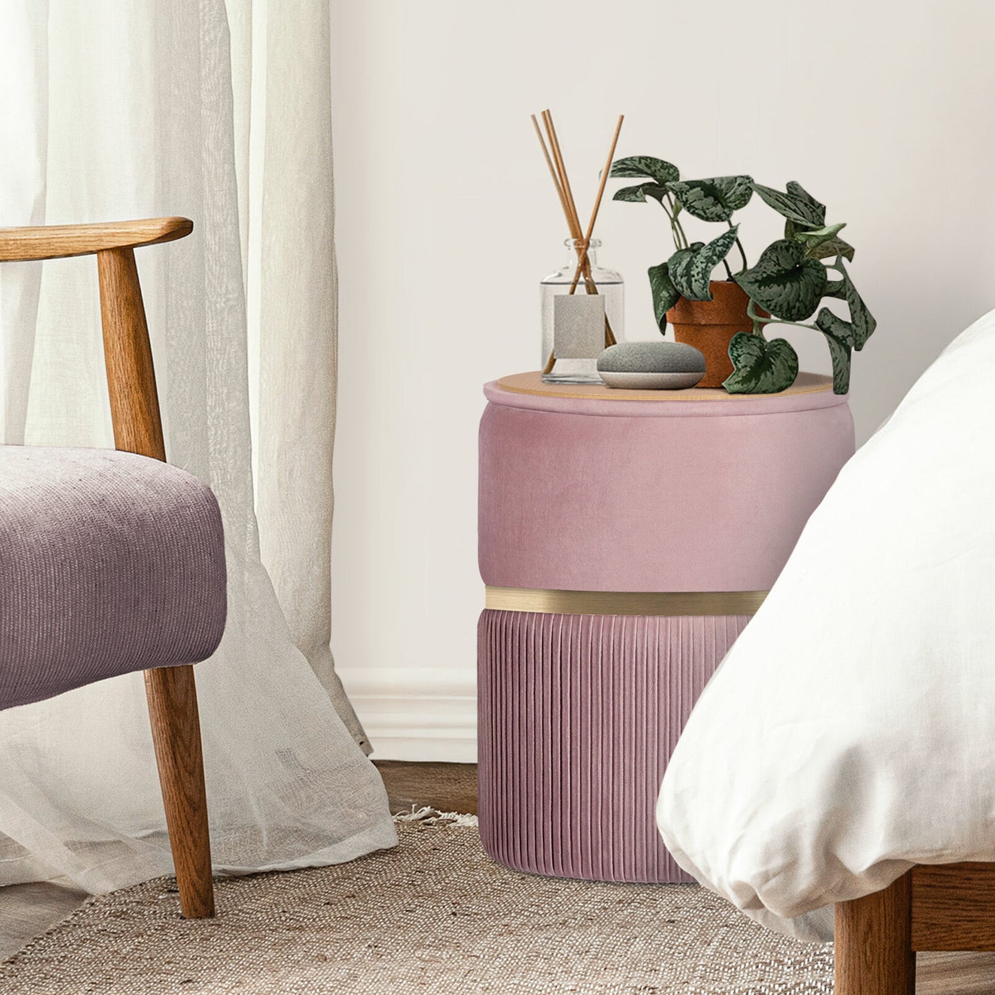 Side Table Storage Ottoman Set – Velvet Padded Footstools, Pink
