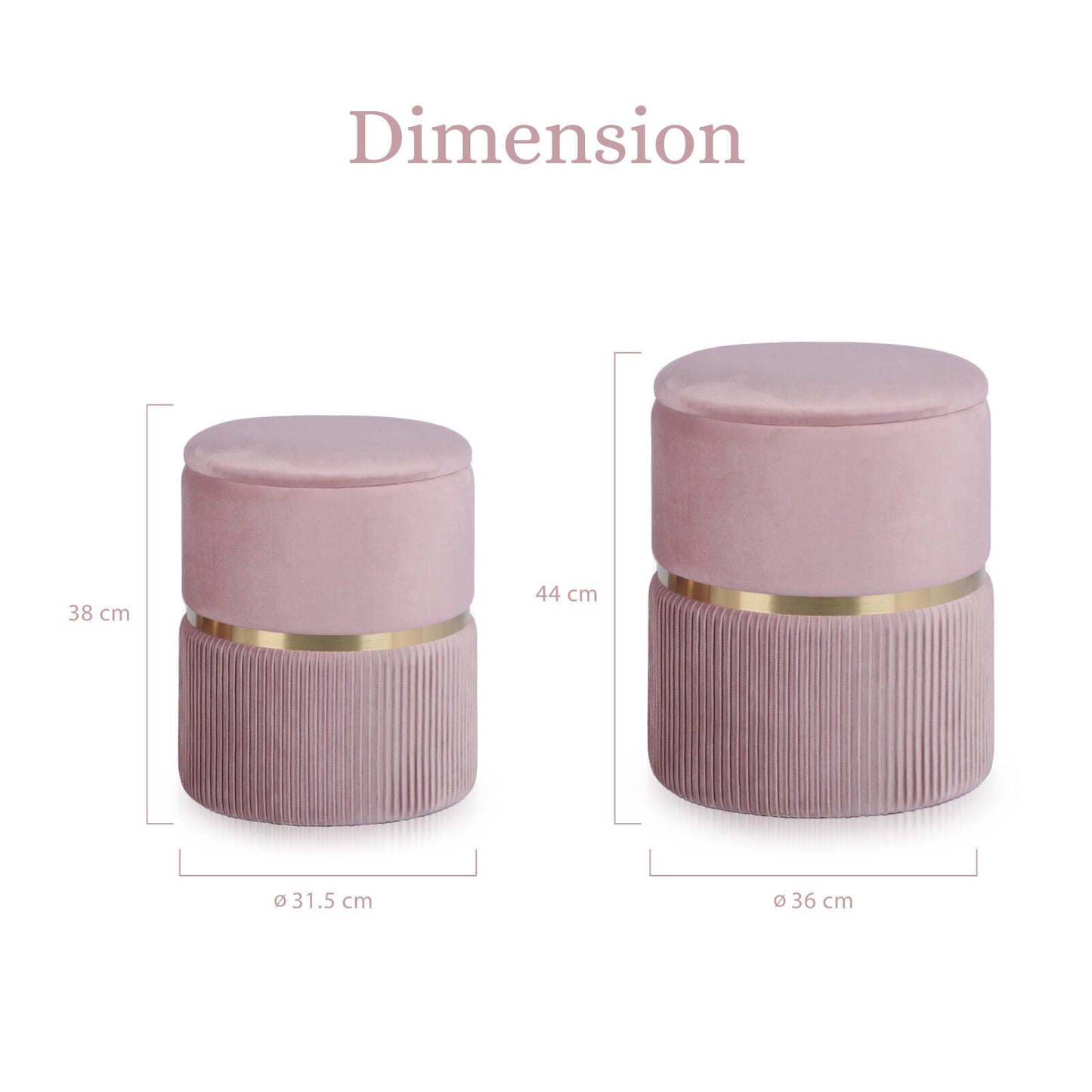Side Table Storage Ottoman Set – Velvet Padded Footstools, Pink
