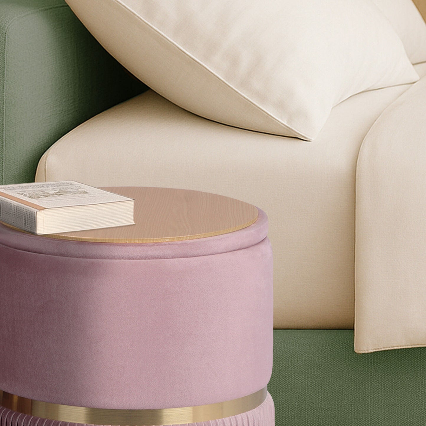 Side Table Storage Ottoman Set – Velvet Padded Footstools, Pink