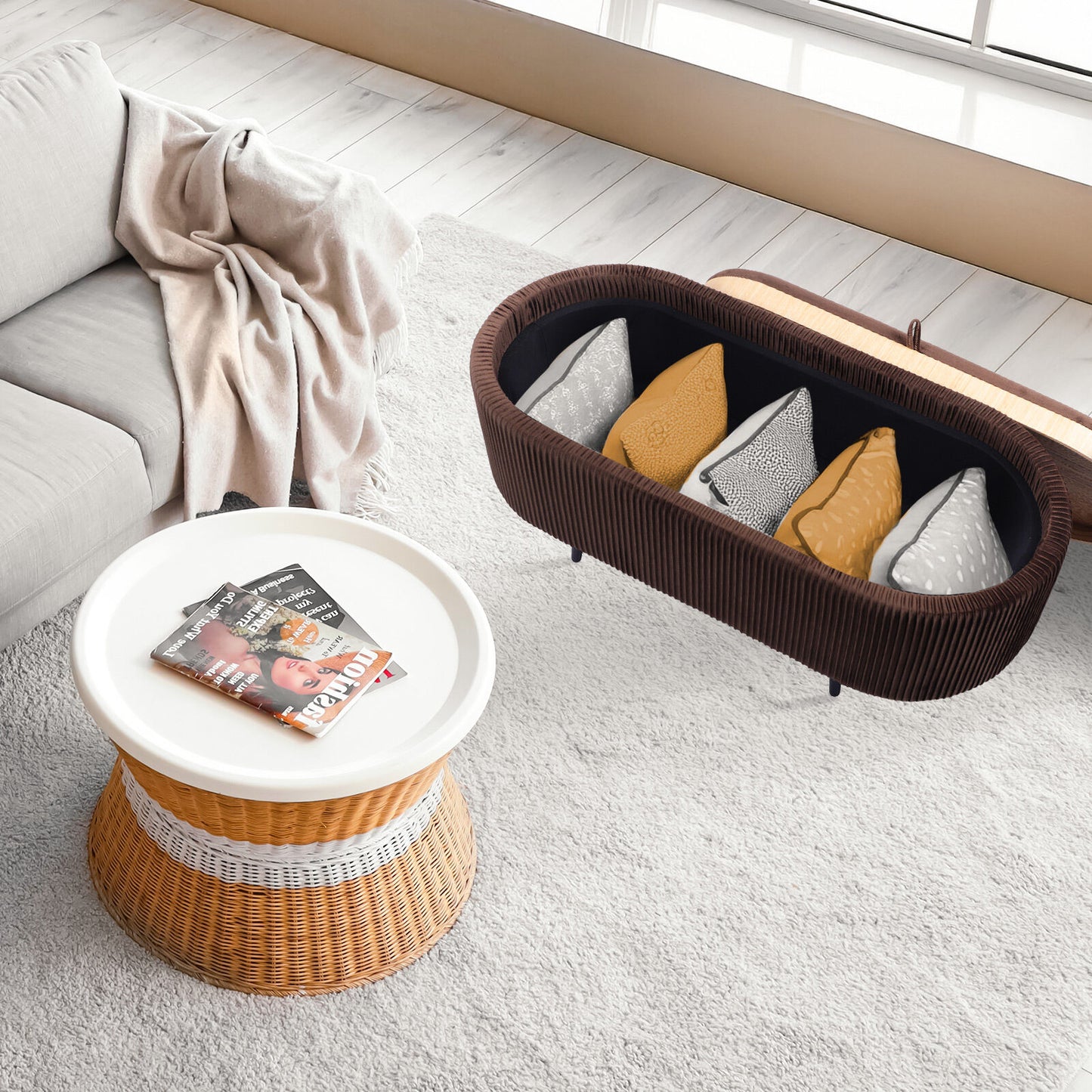 Coffee Table Storage Ottoman - Velvet Padded Blanket Box Bench IRENE BROWN