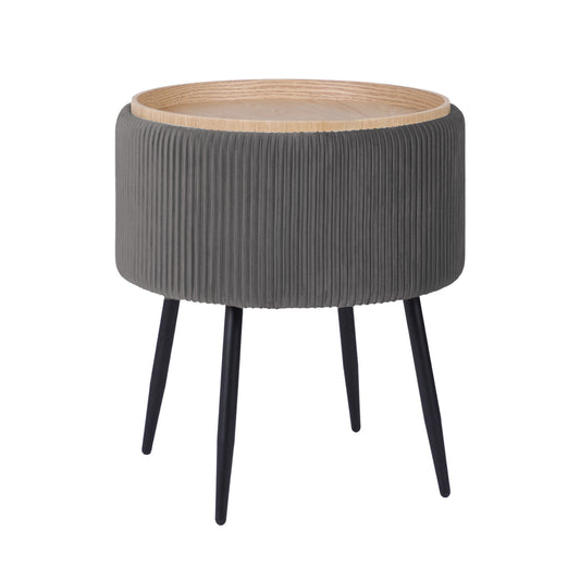Side Table Storage Ottoman – Velvet Padded Stool with Tray, Grey