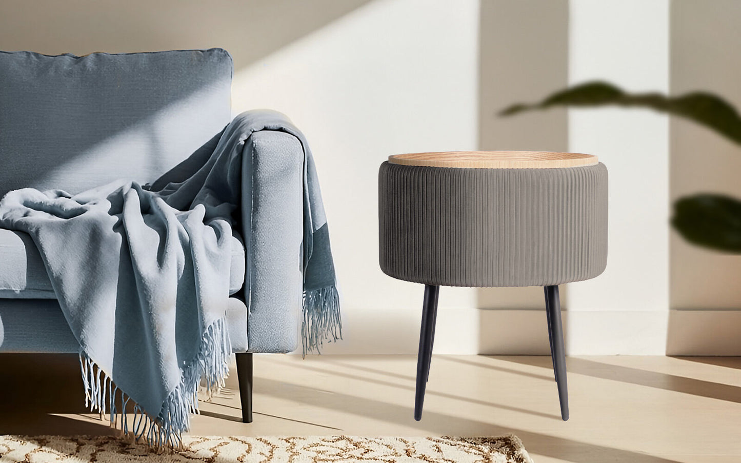 Side Table Storage Ottoman – Velvet Padded Stool with Tray, Grey
