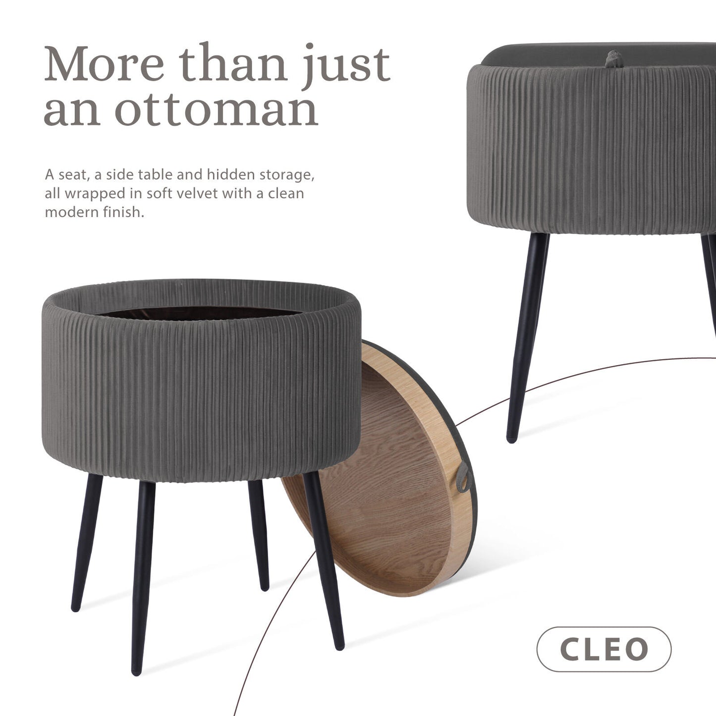 Side Table Storage Ottoman – Velvet Padded Stool with Tray, Grey