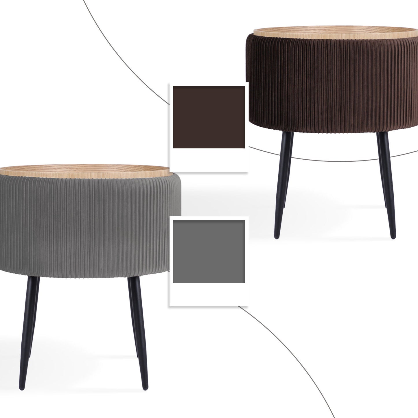 Side Table Storage Ottoman – Velvet Padded Stool with Tray, Grey