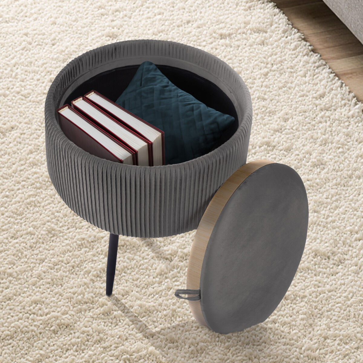 Side Table Storage Ottoman – Velvet Padded Stool with Tray, Grey
