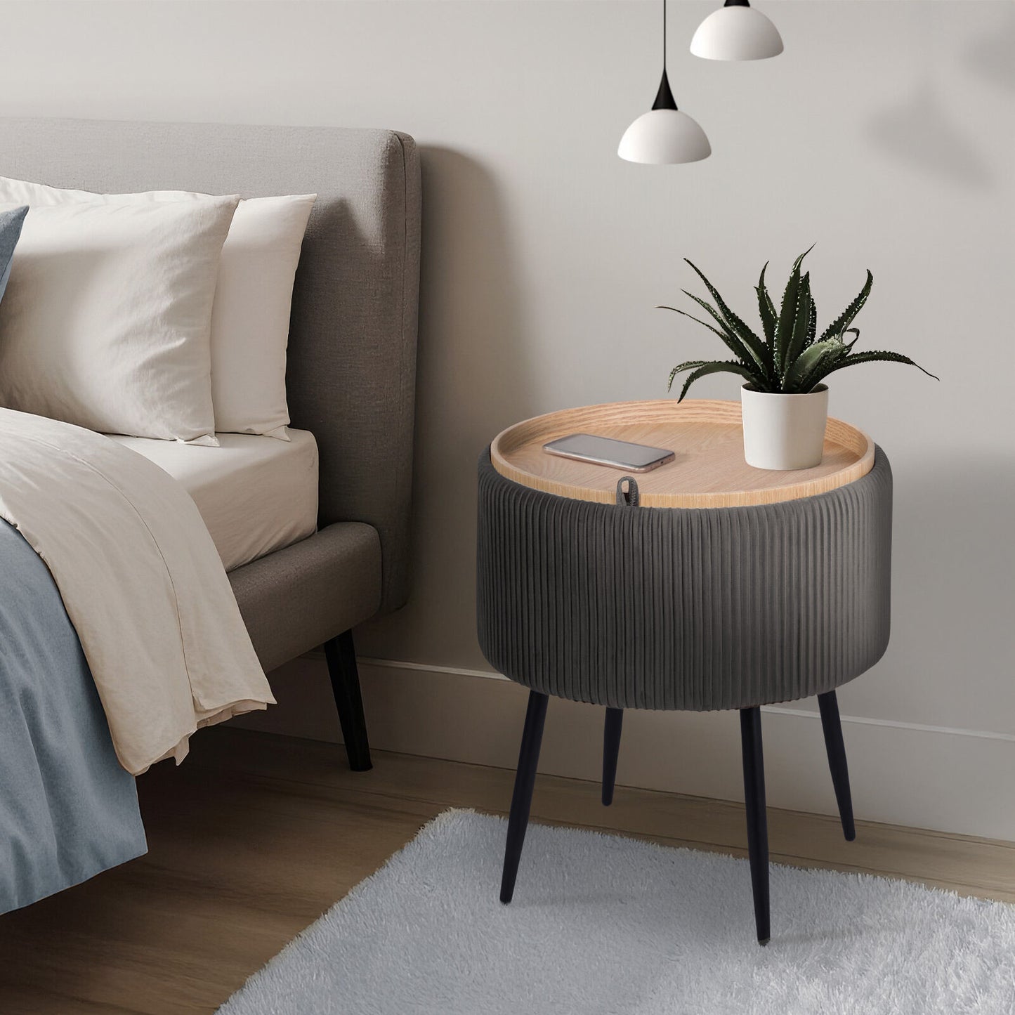 Side Table Storage Ottoman – Velvet Padded Stool with Tray, Grey
